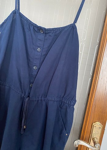 Düğmeli Lacivert Keten Kadın Tulum - Görsel 3