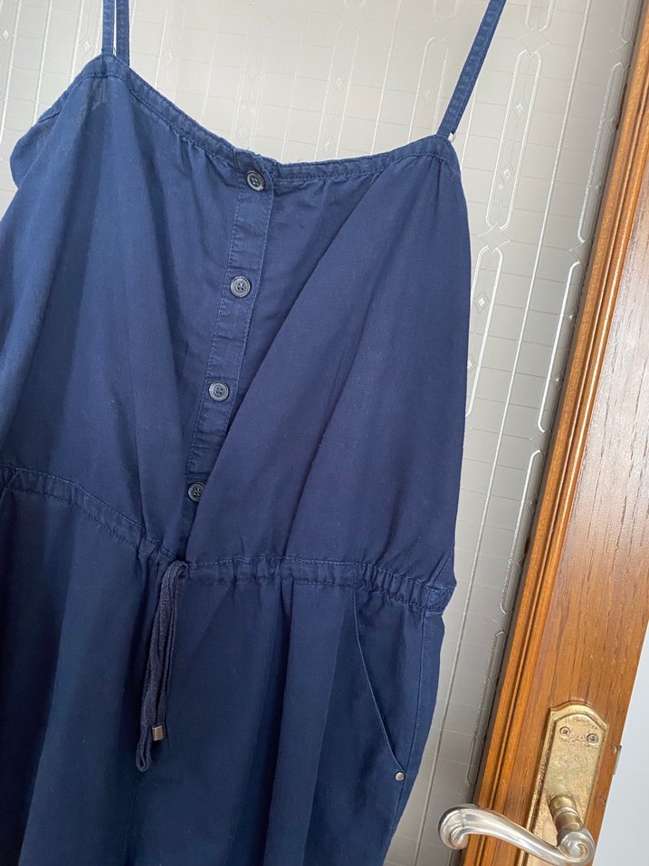 Düğmeli Lacivert Keten Kadın Tulum - Görsel 3