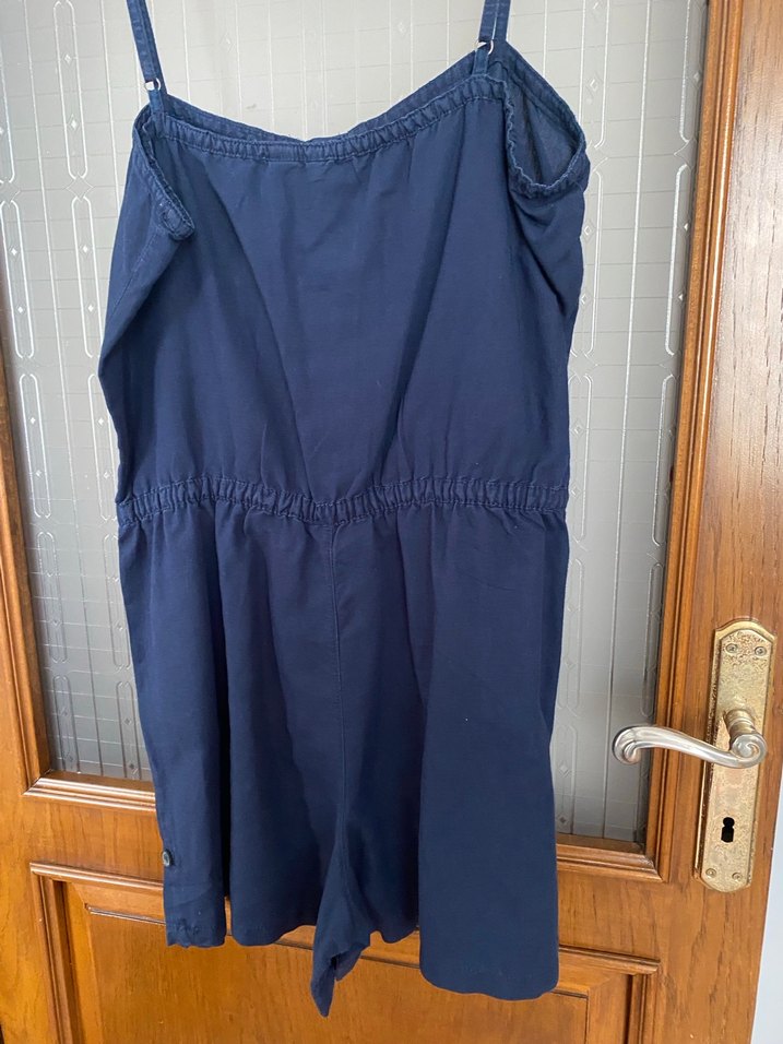 Düğmeli Lacivert Keten Kadın Tulum - Görsel 2