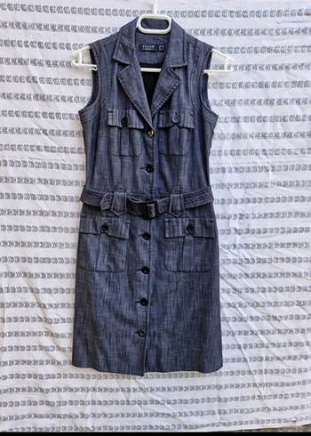 Gri Kemerli Denim Midi Elbise