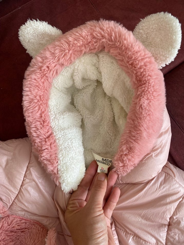 Peluş Detaylı Kapüşonlu Pembe Bebek Kar Tulumu - Görsel 2