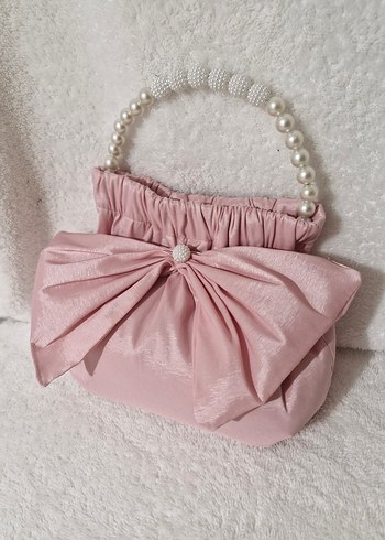 İnci Saplı Pembe Saten Fiyonk Detaylı Abiye Çanta
