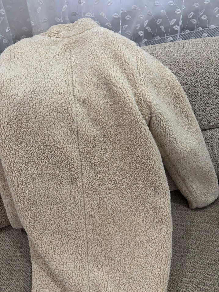 Bej Kadın Midi Boy Peluş Kaban - Görsel 4