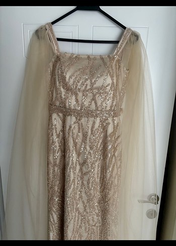 Klasik Bej İşlemeli Uzun Abiye Elbise taş işleme - Görsel 4