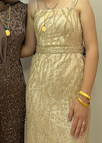 Klasik Bej İşlemeli Uzun Abiye Elbise taş işleme - Görsel 6