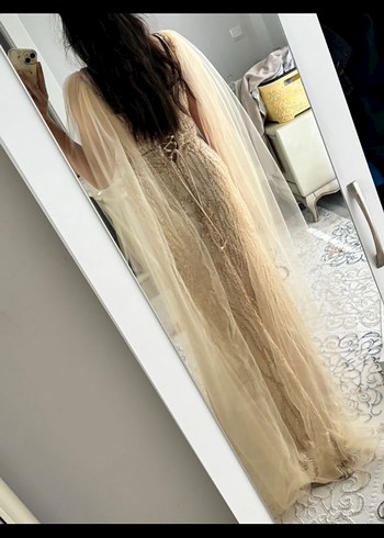 Klasik Bej İşlemeli Uzun Abiye Elbise taş işleme - Görsel 3