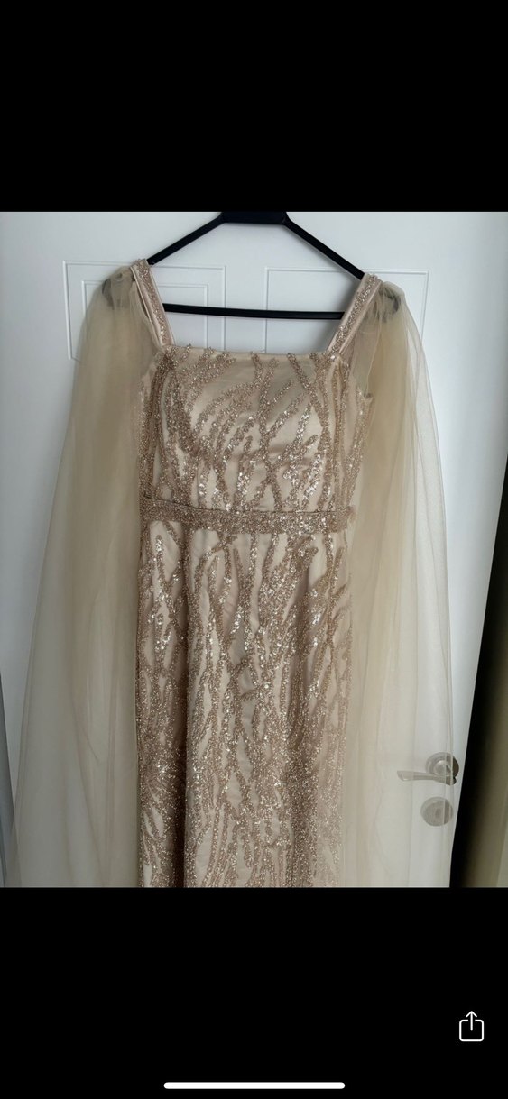 Klasik Bej İşlemeli Uzun Abiye Elbise taş işleme - Görsel 4