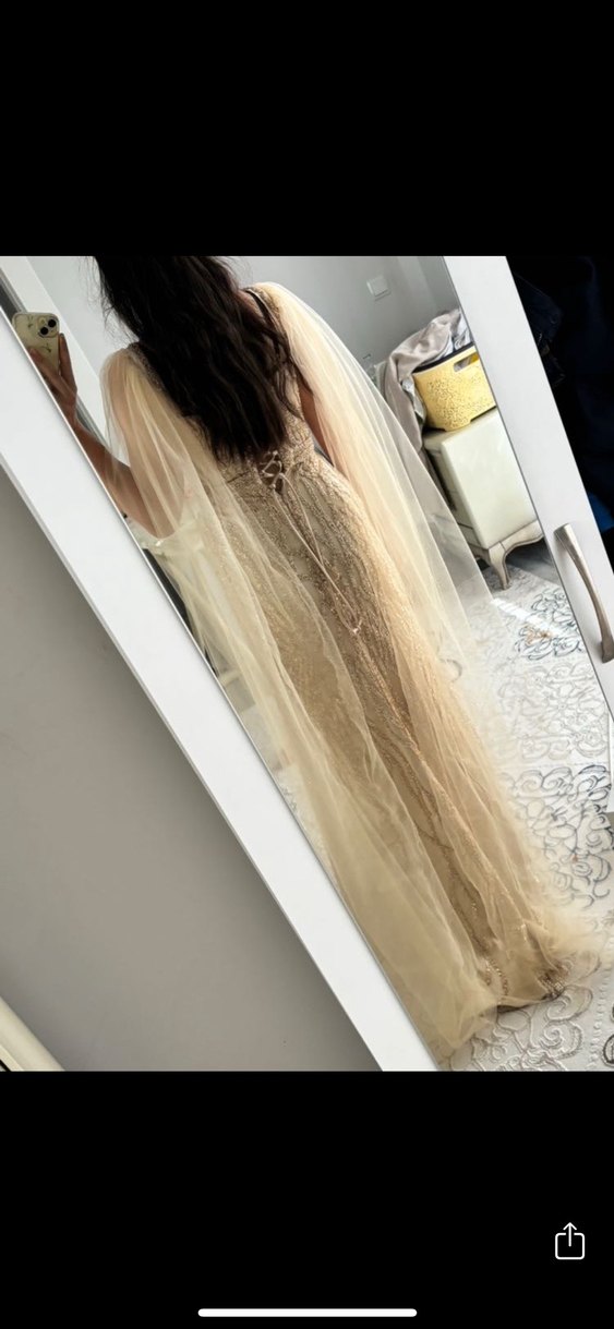 Klasik Bej İşlemeli Uzun Abiye Elbise taş işleme - Görsel 3