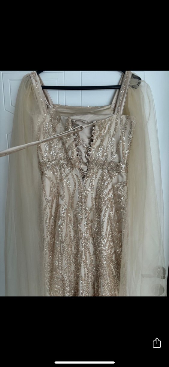 Klasik Bej İşlemeli Uzun Abiye Elbise taş işleme - Görsel 5