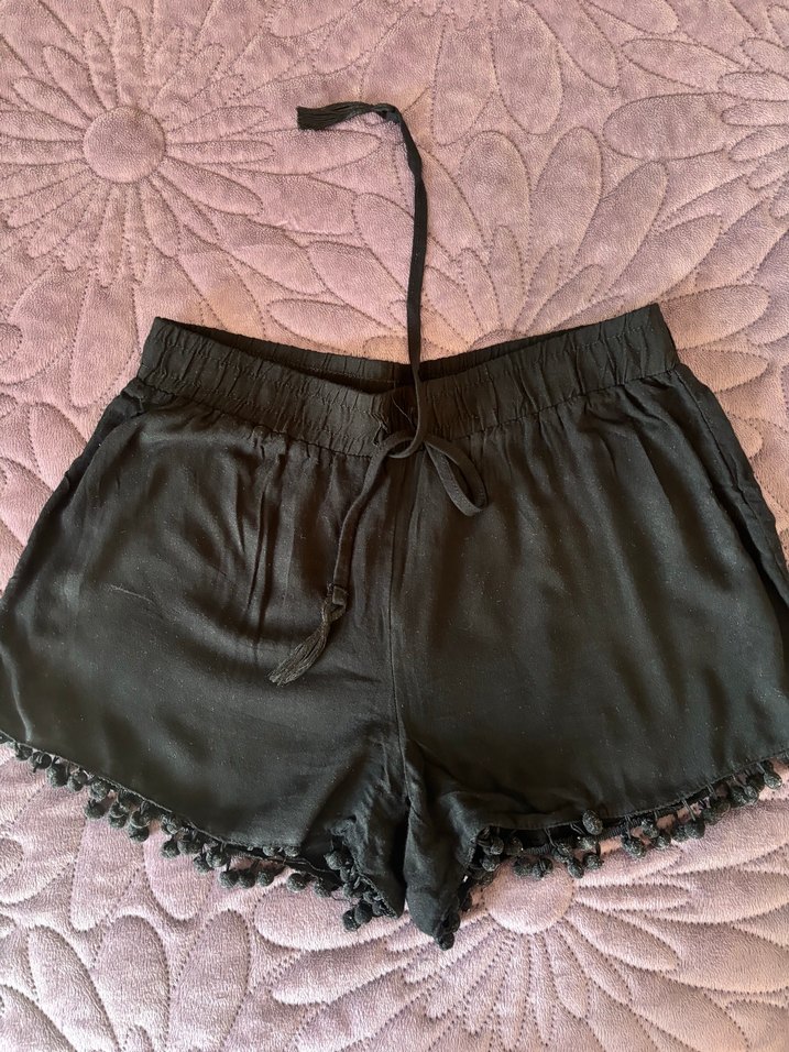 Püsküllü Siyah Bohem Mini Şort plaj şortu - Görsel 3