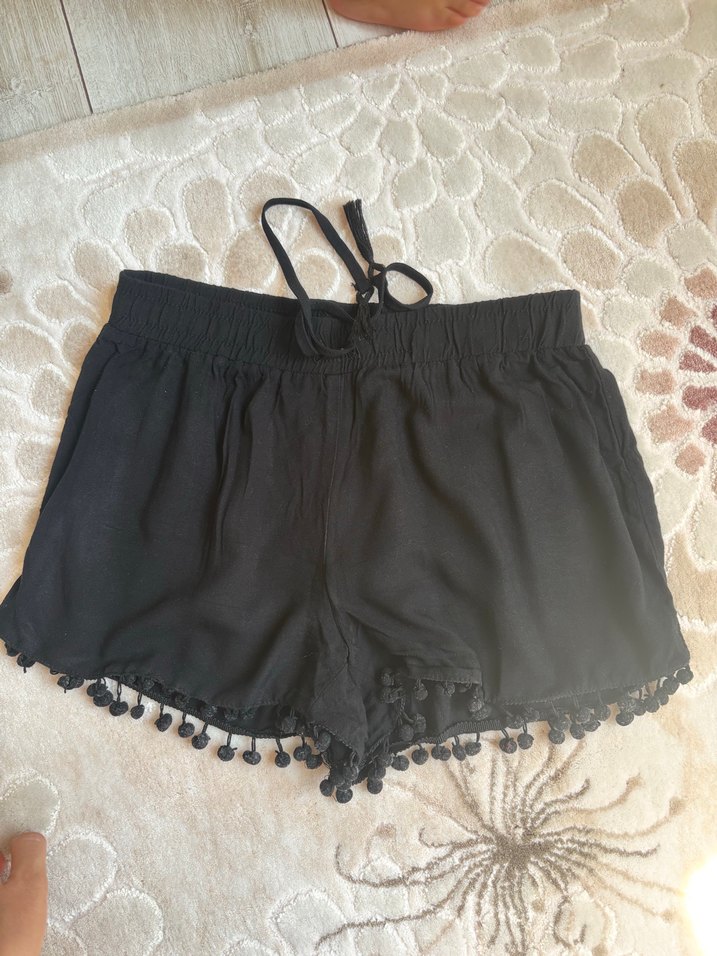 Püsküllü Siyah Bohem Mini Şort plaj şortu - Görsel 2