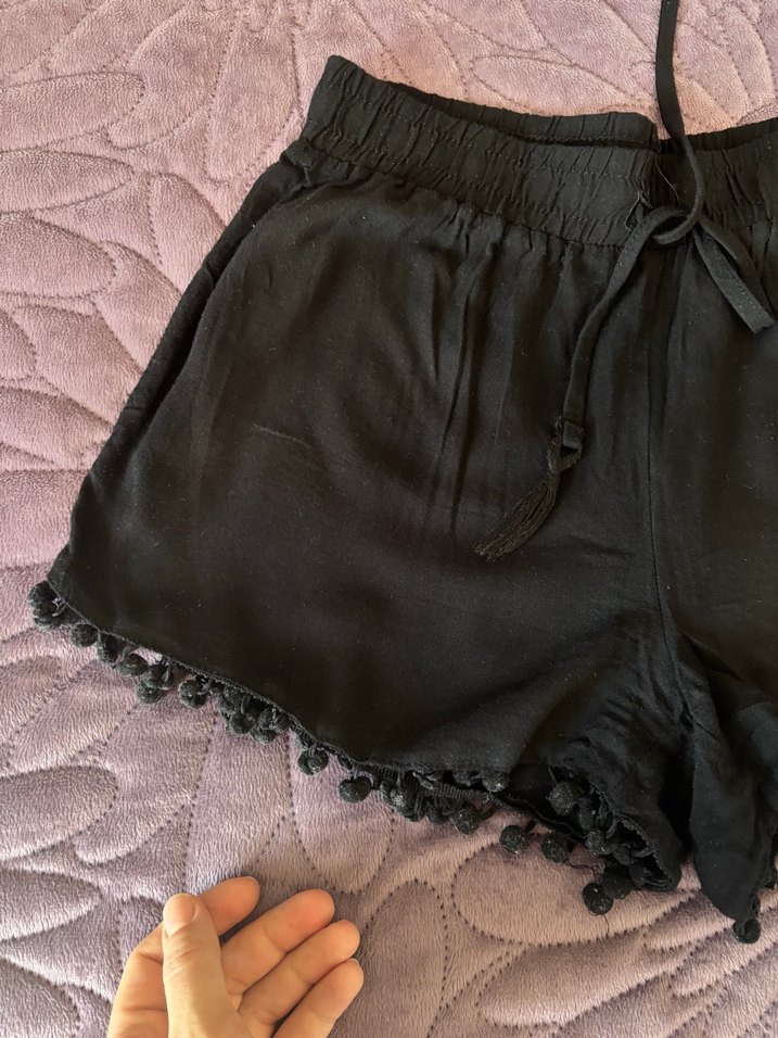 Püsküllü Siyah Bohem Mini Şort plaj şortu - Görsel 4