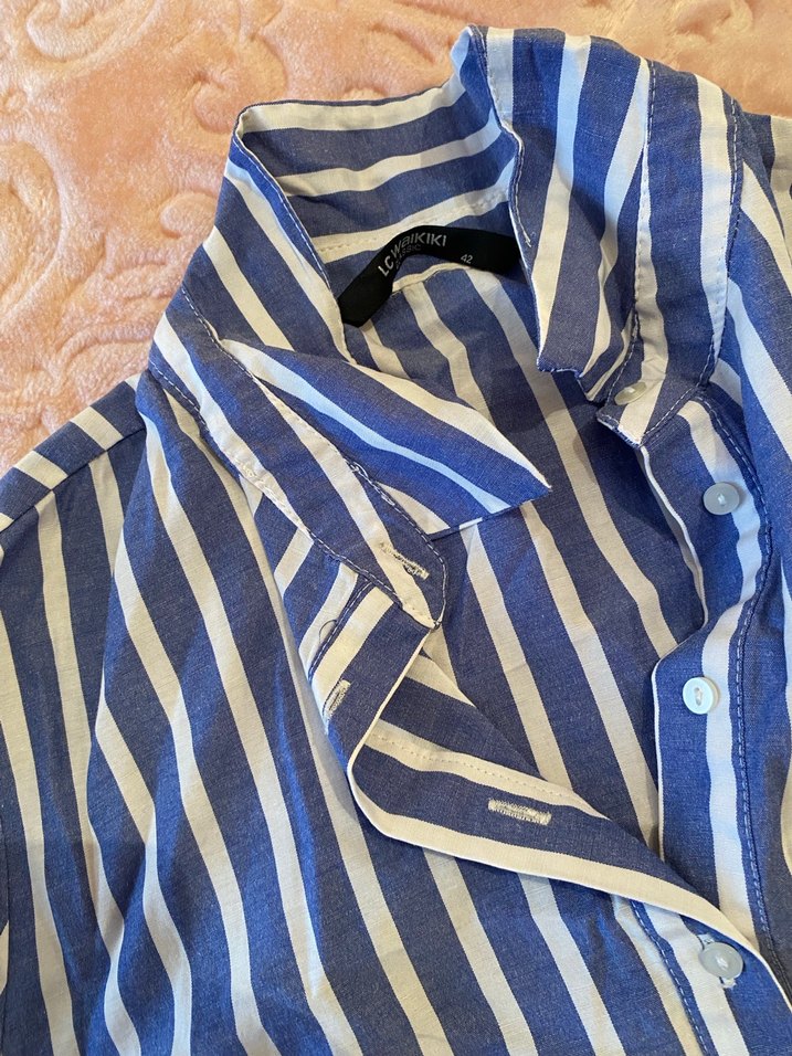 Mavi Çizgili Uzun Kollu Kadın Gömlek - Görsel 2