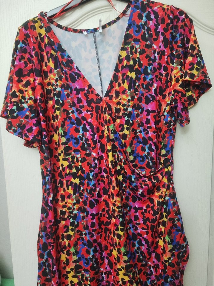 Renkli V Yakalı Salaş Midi Elbise - Görsel 2