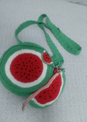 Renkli Nakışlı Örgü Karpuz Çanta ve Anahtarlık - Görsel 5