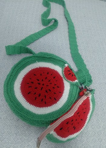 Renkli Nakışlı Örgü Karpuz Çanta ve Anahtarlık - Görsel 4