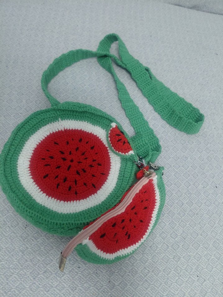 Renkli Nakışlı Örgü Karpuz Çanta ve Anahtarlık - Görsel 5