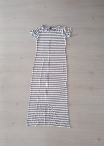 Gri Çizgili Kadın Uzun Elbise