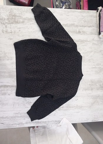 6 Yaş Beden siyah Renk Kız Çocuk Siyah Leopar Desenli Sweatshirt