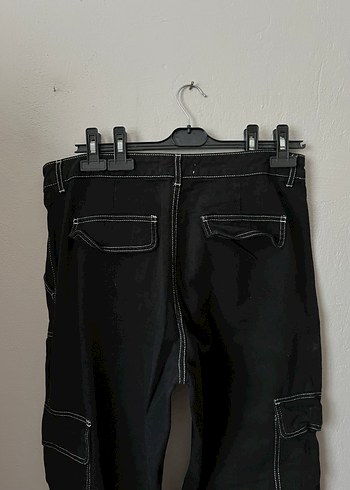 Siyah Bol Kesim Kargo Cepli Kot Pantolon - Görsel 11