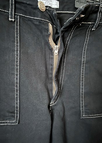 Siyah Bol Kesim Kargo Cepli Kot Pantolon - Görsel 6