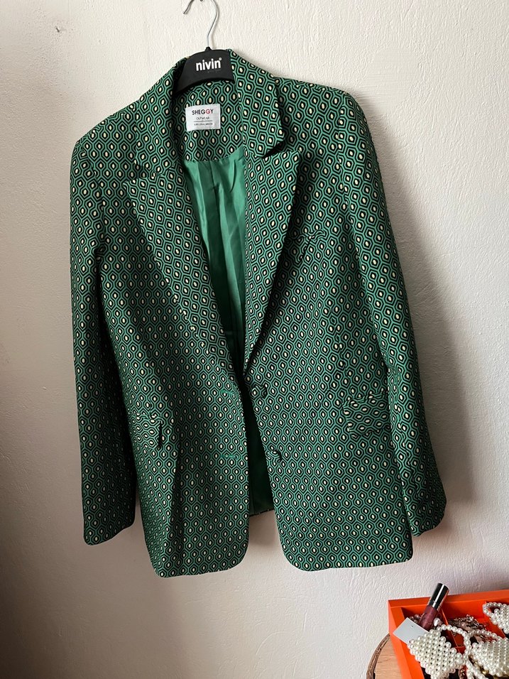 Yeşil-Sarı Desenli Düğmeli Kadın Blazer - Görsel 3