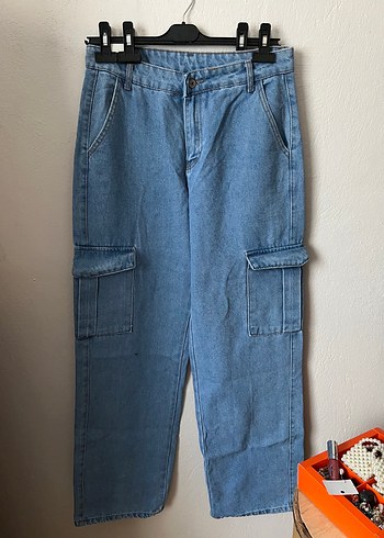 Kadın Mavi Kargo Cepli Denim Pantolon