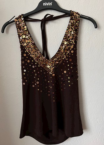 Kahverengi Payetli Vintage Bluz - Görsel 4