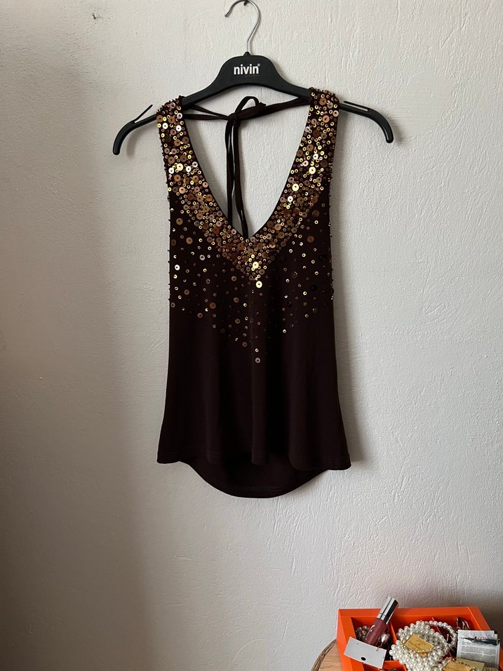 Kahverengi Payetli Vintage Bluz - Görsel 2