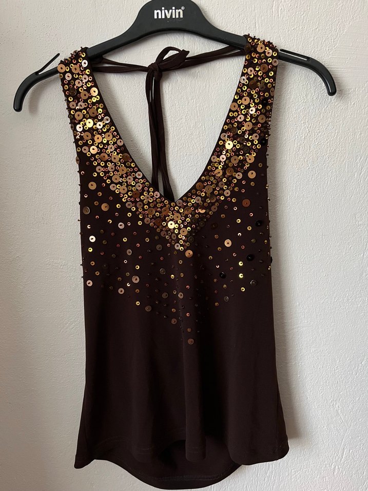 Kahverengi Payetli Vintage Bluz - Görsel 4