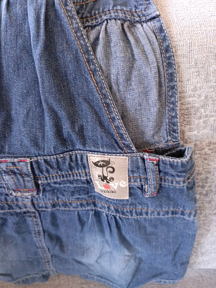 Kız Çocuk Kot Elbise - Nakışlı, Askılı - Görsel 4