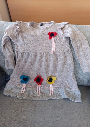 Nakışlı Gri Uzun Kollu Örgü Kız Elbise - Görsel 2