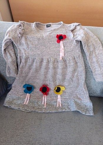 Nakışlı Gri Uzun Kollu Örgü Kız Elbise - Görsel 3