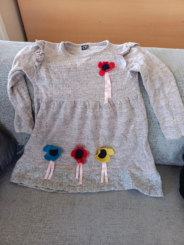 Nakışlı Gri Uzun Kollu Örgü Kız Elbise - Görsel 2