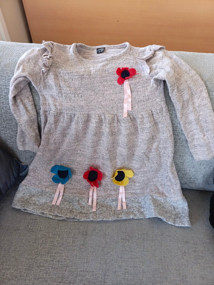 Nakışlı Gri Uzun Kollu Örgü Kız Elbise - Görsel 3