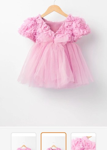 Kız Çocuk Pembe Çiçekli Kısa Kollu abiye Elbise doğumgünü - Görsel 2