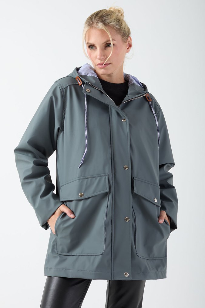 Gri Düğmeli Midi Kadın Yağmurluk - Görsel 2