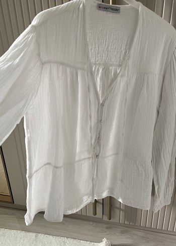 Bohem V Yakalı Beyaz Keten Kadın Gömlek - Görsel 2