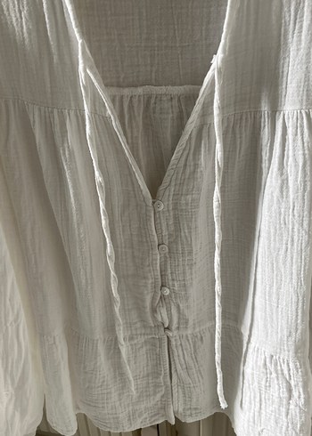 Bohem V Yakalı Beyaz Keten Kadın Gömlek - Görsel 5
