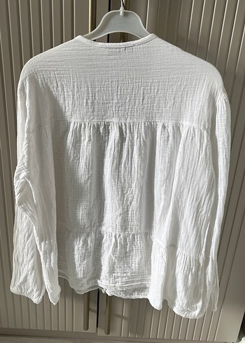 Bohem V Yakalı Beyaz Keten Kadın Gömlek - Görsel 7