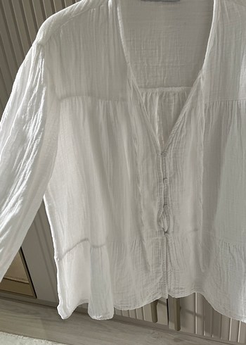 Bohem V Yakalı Beyaz Keten Kadın Gömlek - Görsel 6