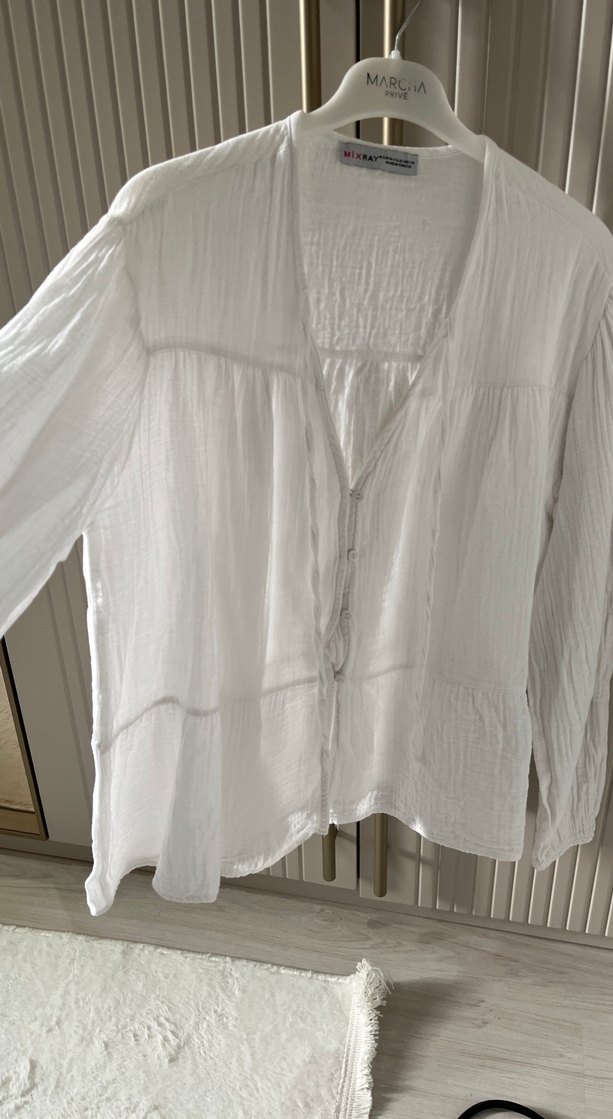 Bohem V Yakalı Beyaz Keten Kadın Gömlek - Görsel 2