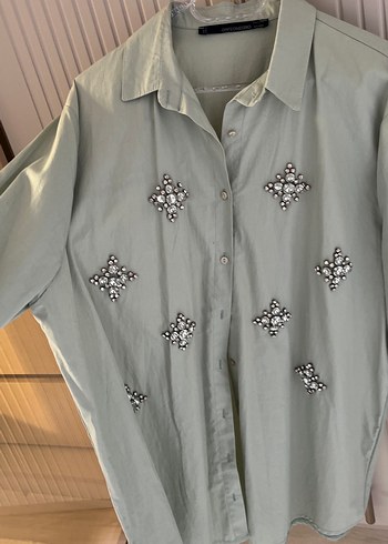 Yeşil Nakışlı Uzun Kollu Keten Kadın Gömlek - Görsel 5