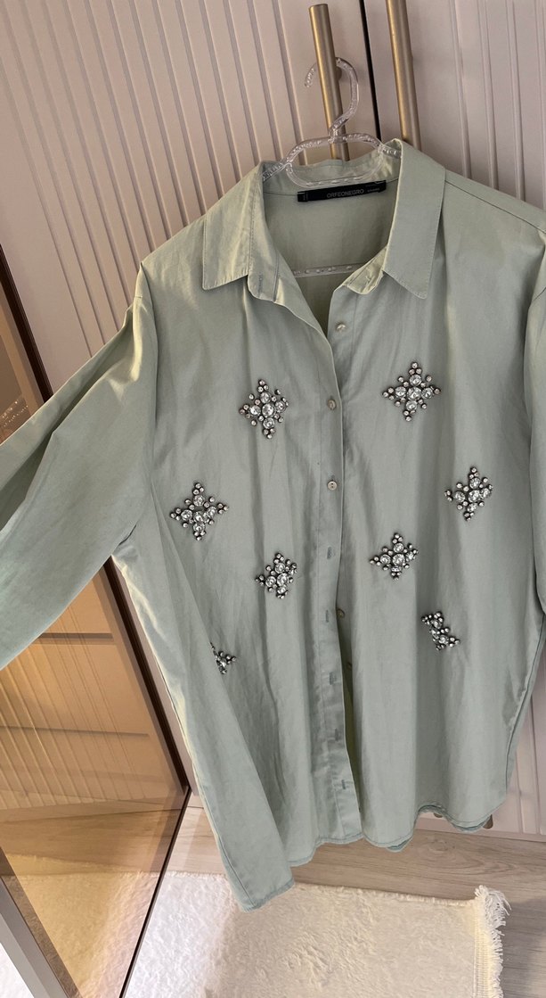 Yeşil Nakışlı Uzun Kollu Keten Kadın Gömlek - Görsel 3