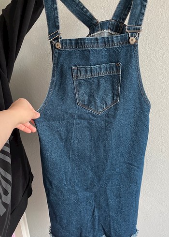 Kadın Koyu Mavi Denim Midi Kısa Salopet - Görsel 2