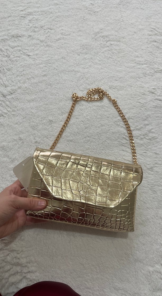 Altın Renk Zincir Detaylı Yılan Desenli Kadın Çanta - Görsel 4