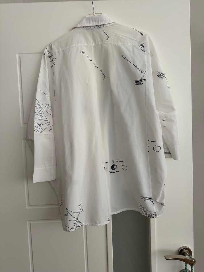 Baskılı Oversize Keten Beyaz Gömlek - Görsel 3