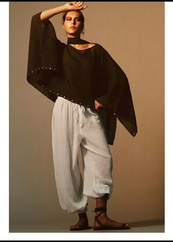 Kahverengi Keten Kadın Panço - Görsel 3