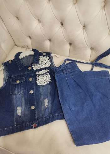 Çocuk  Mavi Kısa Kot Yelek ve Pantolon Takım - Görsel 2