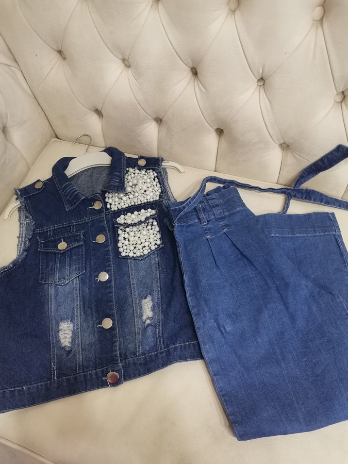 Çocuk  Mavi Kısa Kot Yelek ve Pantolon Takım - Görsel 2